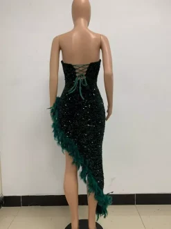 Burgundy Sequin Dresses Strapless Plunge Lace-up Back Feather Birthday Party Dresses