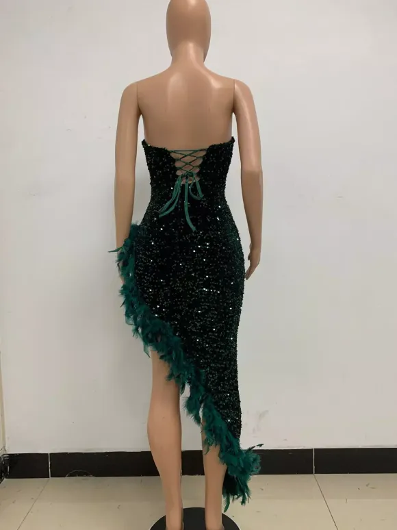 Burgundy Sequin Dresses Strapless Plunge Lace-up Back Feather Birthday Party Dresses