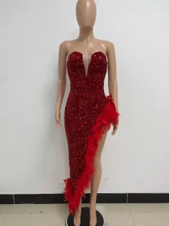 Burgundy Sequin Dresses Strapless Plunge Lace-up Back Feather Birthday Party Dresses