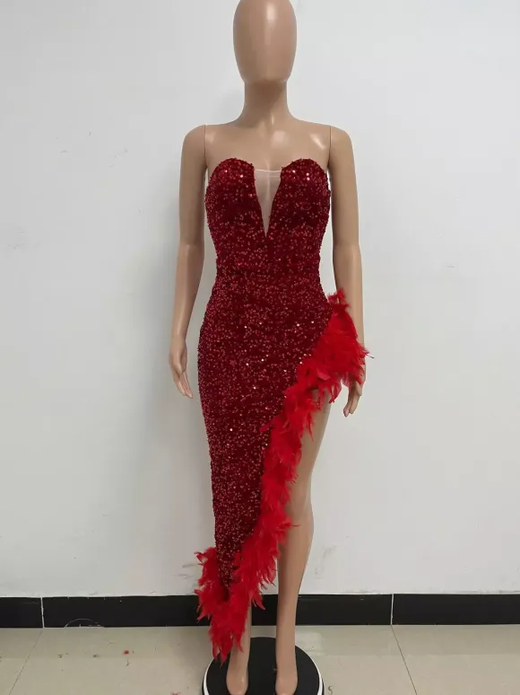 Burgundy Sequin Dresses Strapless Plunge Lace-up Back Feather Birthday Party Dresses