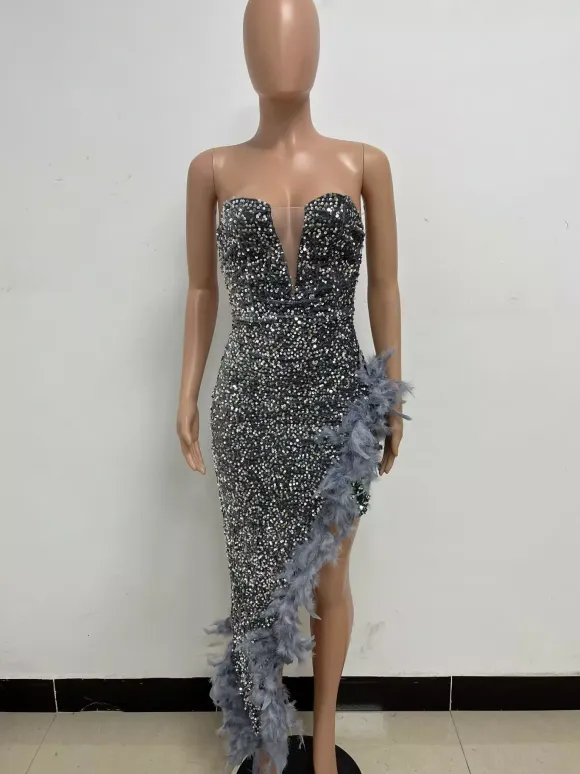 Burgundy Sequin Dresses Strapless Plunge Lace-up Back Feather Birthday Party Dresses