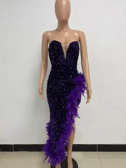 Burgundy Sequin Dresses Strapless Plunge Lace-up Back Feather Birthday Party Dresses