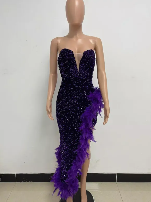 Burgundy Sequin Dresses Strapless Plunge Lace-up Back Feather Birthday Party Dresses