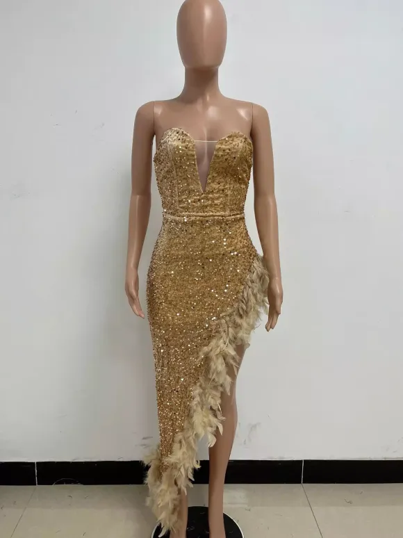 Burgundy Sequin Dresses Strapless Plunge Lace-up Back Feather Birthday Party Dresses