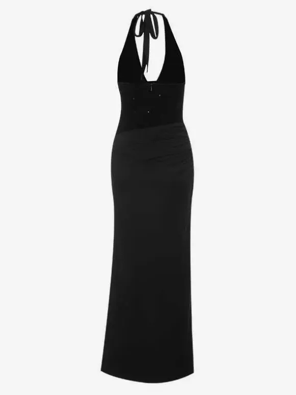 Burgundy Sequin Women Halter Maxi Dress - Elegant Ruched Bodycon Backless Mermaid Gown - Prom Party Outfit 2026