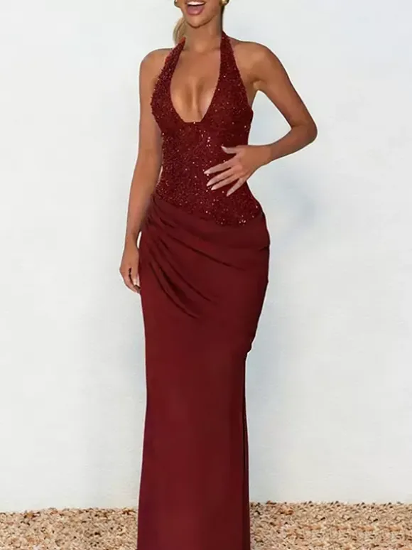 Burgundy Sequin Women Halter Maxi Dress - Elegant Ruched Bodycon Backless Mermaid Gown - Prom Party Outfit 2026