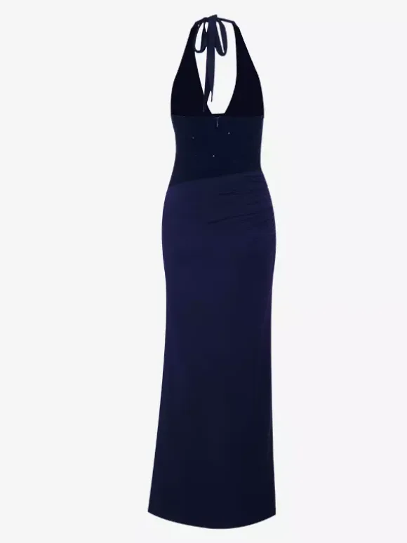 Burgundy Sequin Women Halter Maxi Dress - Elegant Ruched Bodycon Backless Mermaid Gown - Prom Party Outfit 2026