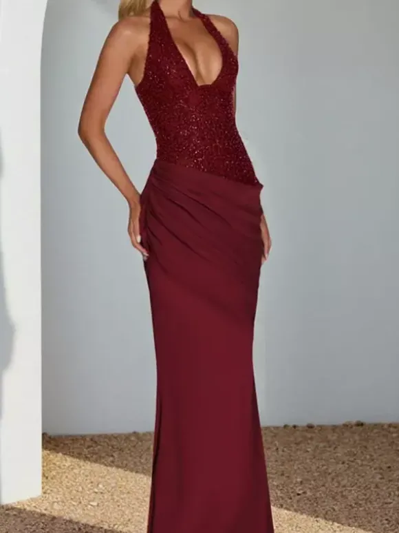 Burgundy Sequin Women Halter Maxi Dress - Elegant Ruched Bodycon Backless Mermaid Gown - Prom Party Outfit 2026