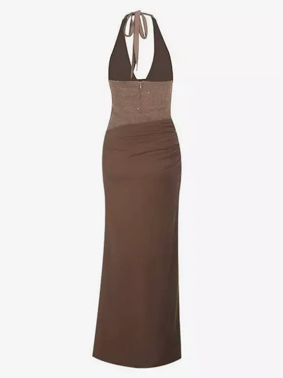 Burgundy Sequin Women Halter Maxi Dress - Elegant Ruched Bodycon Backless Mermaid Gown - Prom Party Outfit 2026