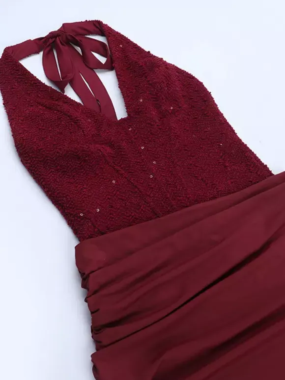 Burgundy Sequin Women Halter Maxi Dress - Elegant Ruched Bodycon Backless Mermaid Gown - Prom Party Outfit 2026