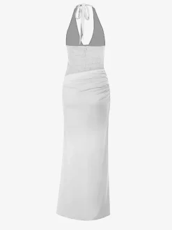 Burgundy Sequin Women Halter Maxi Dress - Elegant Ruched Bodycon Backless Mermaid Gown - Prom Party Outfit 2026