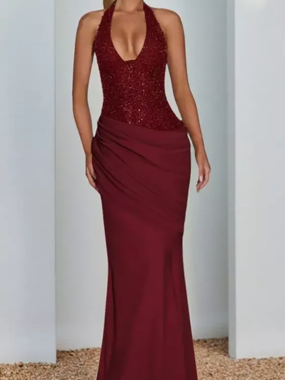 Burgundy Sequin Women Halter Maxi Dress - Elegant Ruched Bodycon Backless Mermaid Gown - Prom Party Outfit 2026