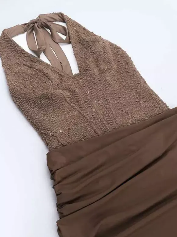 Burgundy Sequin Women Halter Maxi Dress - Elegant Ruched Bodycon Backless Mermaid Gown - Prom Party Outfit 2026