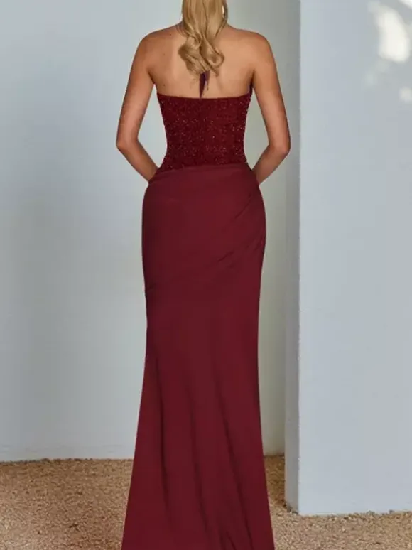 Burgundy Sequin Women Halter Maxi Dress - Elegant Ruched Bodycon Backless Mermaid Gown - Prom Party Outfit 2026