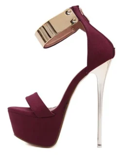 Burgundy Sexy Sandals 2026 Women High Heel Sandals Platform Metal Details Ankle Strap Sandal Shoes