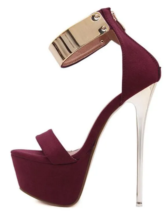 Burgundy Sexy Sandals 2026 Women High Heel Sandals Platform Metal Details Ankle Strap Sandal Shoes