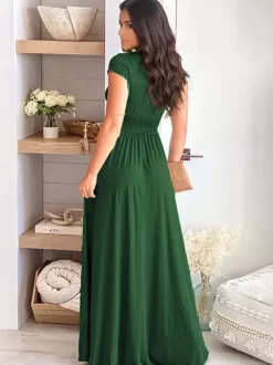 Burgundy Short Sleeves Party Dress V-Neck Empire Waist Slit Elegant Maxi Dresses