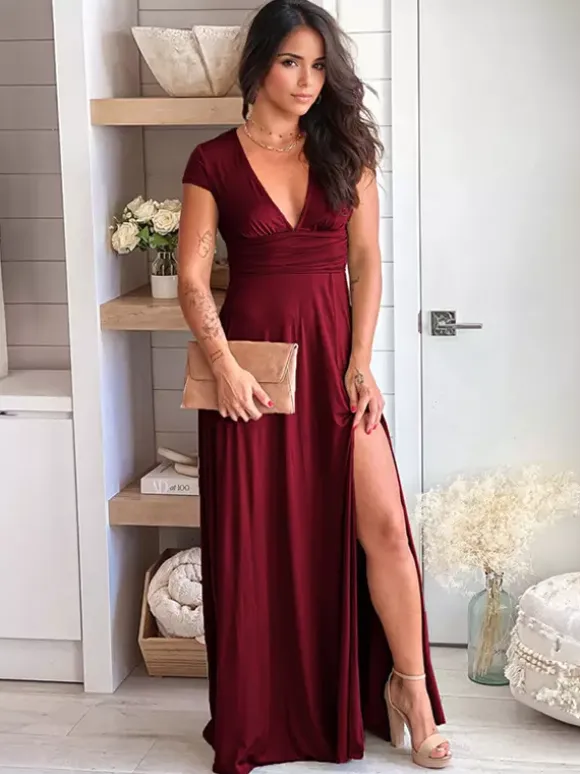 Burgundy Short Sleeves Party Dress V-Neck Empire Waist Slit Elegant Maxi Dresses