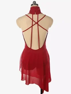 Burgundy Skating Dress High Collar Sleeveless Backless Cross Strapless Skating Dress