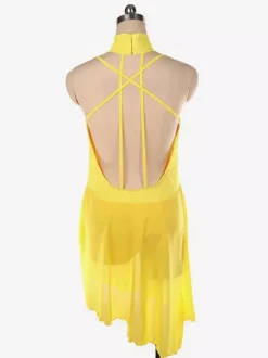 Burgundy Skating Dress High Collar Sleeveless Backless Cross Strapless Skating Dress