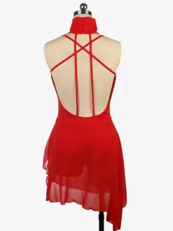 Burgundy Skating Dress High Collar Sleeveless Backless Cross Strapless Skating Dress
