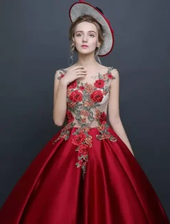 Burgundy Vintage Costume Victorian Princess Sleeveless Ball Gown Chic Satin Dress