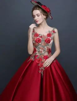 Burgundy Vintage Costume Victorian Princess Sleeveless Ball Gown Chic Satin Dress