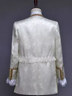 Burgundy Vintage Set Retro Buttons Ruffles Jacquard Long Sleeves Polyester Overcoat Retro Costumes For Man