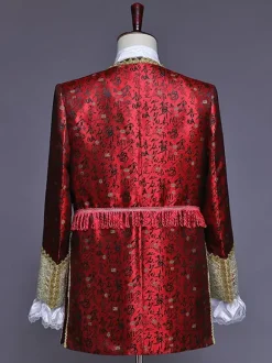 Burgundy Vintage Set Retro Buttons Ruffles Jacquard Long Sleeves Polyester Overcoat Retro Costumes For Man