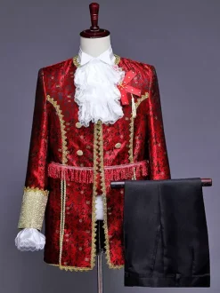 Burgundy Vintage Set Retro Buttons Ruffles Jacquard Long Sleeves Polyester Overcoat Retro Costumes For Man