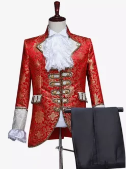 Burgundy Vintage Set Retro Buttons Ruffles Jacquard Long Sleeves Polyester Overcoat Retro Costumes For Man