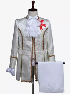 Burgundy Vintage Set Retro Buttons Ruffles Jacquard Long Sleeves Polyester Overcoat Retro Costumes For Man
