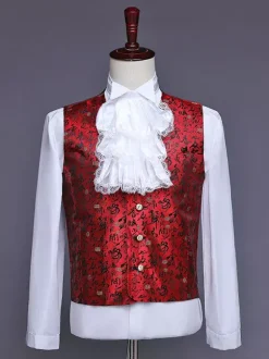 Burgundy Vintage Set Retro Buttons Ruffles Jacquard Long Sleeves Polyester Overcoat Retro Costumes For Man