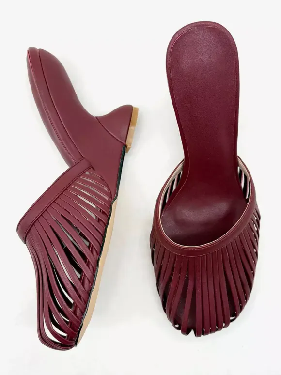 Burgundy Wedge Sandals Round Toe Cut Out Backless Sandal Shoes