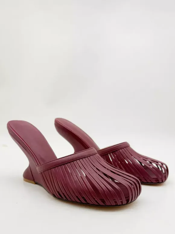 Burgundy Wedge Sandals Round Toe Cut Out Backless Sandal Shoes
