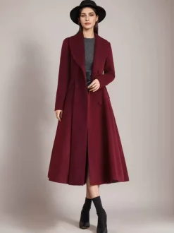 Burgundy Woolen Flared Coat Vintage Shawl Collar Double-breasted Winter A-line Outerwear For Women 2026