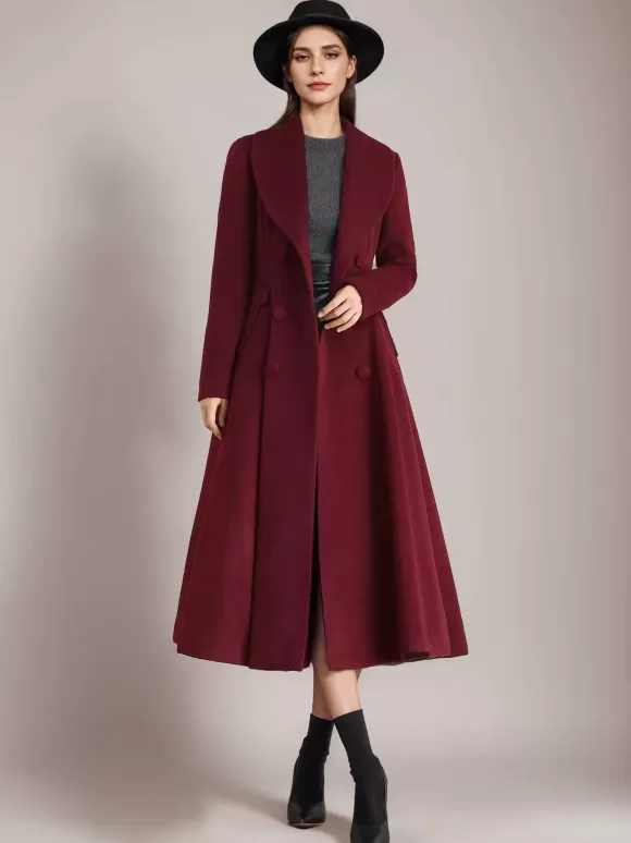 Burgundy Woolen Flared Coat Vintage Shawl Collar Double-breasted Winter A-line Outerwear For Women 2026