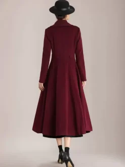 Burgundy Woolen Flared Coat Vintage Shawl Collar Double-breasted Winter A-line Outerwear For Women 2026