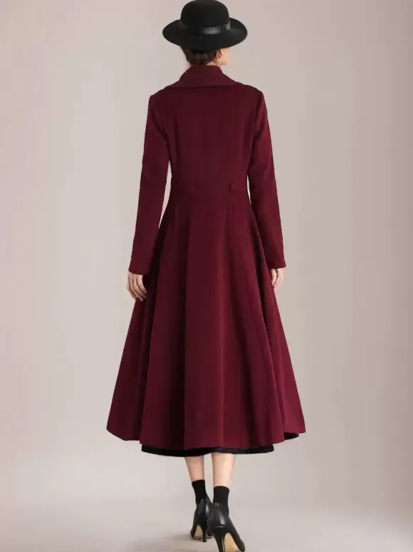 Burgundy Woolen Flared Coat Vintage Shawl Collar Double-breasted Winter A-line Outerwear For Women 2026