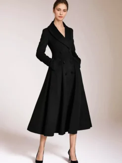 Burgundy Woolen Flared Coat Vintage Shawl Collar Double-breasted Winter A-line Outerwear For Women 2026