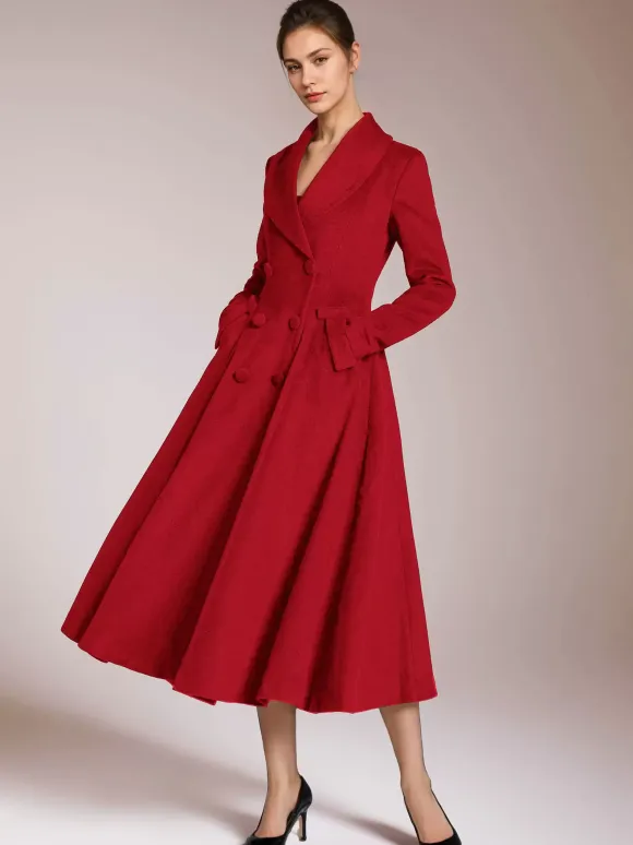 Burgundy Woolen Flared Coat Vintage Shawl Collar Double-breasted Winter A-line Outerwear For Women 2026