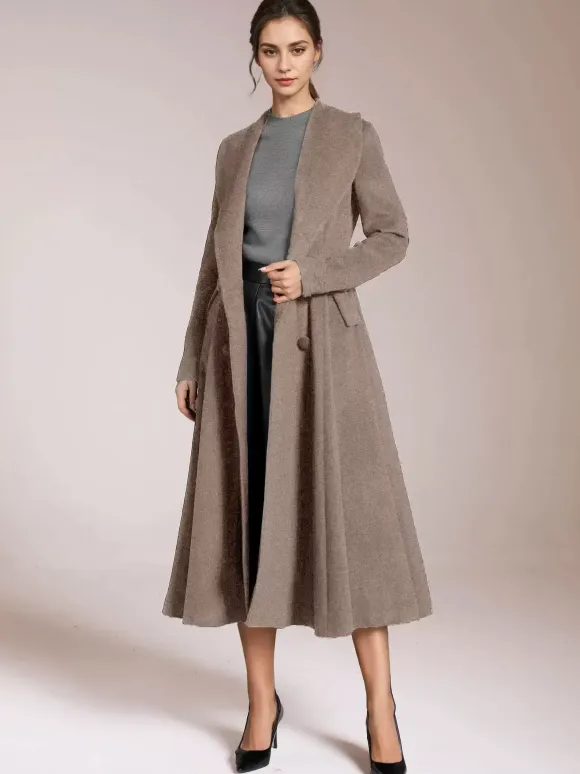 Burgundy Woolen Flared Coat Vintage Shawl Collar Double-breasted Winter A-line Outerwear For Women 2026