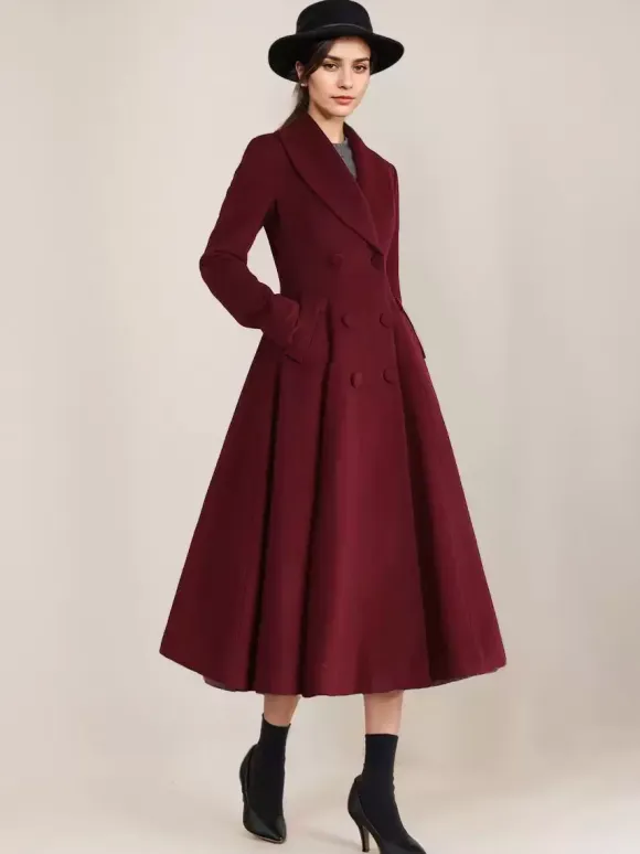 Burgundy Woolen Flared Coat Vintage Shawl Collar Double-breasted Winter A-line Outerwear For Women 2026