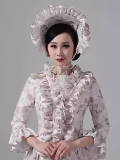 Bustle Victorian Dress Floral Countryside Elegant Long Sleeves Ball Maxi Retro Dress With Hat