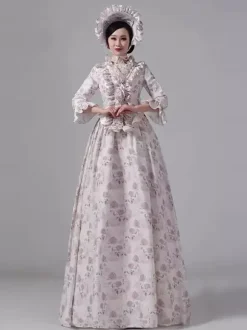 Bustle Victorian Dress Floral Countryside Elegant Long Sleeves Ball Maxi Retro Dress With Hat