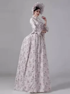 Bustle Victorian Dress Floral Countryside Elegant Long Sleeves Ball Maxi Retro Dress With Hat