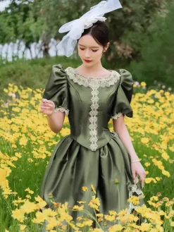 Bustle Victorian Dress Puff Sleeves Lace Ruffles Maxi Retro Dress With Hat