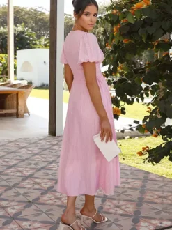 Butter Yellow Sundress Plunge Puff Sleeves Casual Summer Maxi Dress 2026