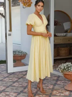 Butter Yellow Sundress Plunge Puff Sleeves Casual Summer Maxi Dress 2026