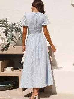 Butter Yellow Sundress Plunge Puff Sleeves Casual Summer Maxi Dress 2026